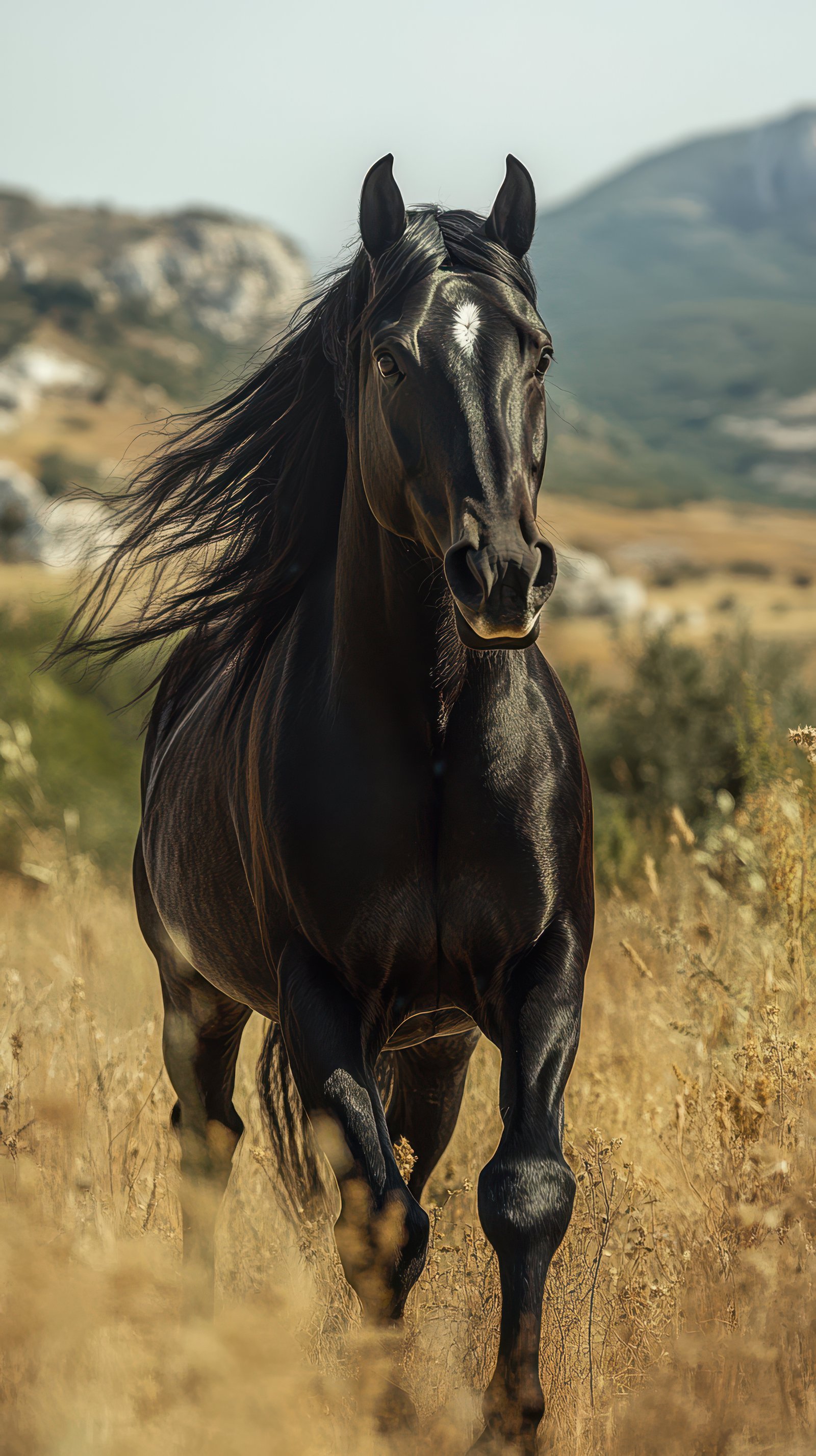 Majestic black horse galloping through golden grasslands in a serene natural landscape